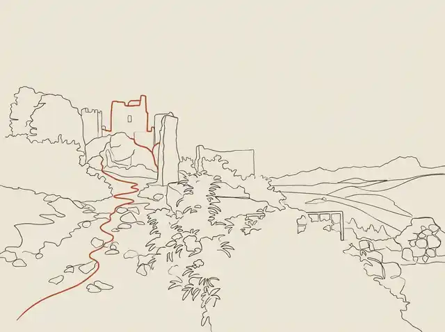 Line-art of Rocca Calascio fortress above the hills, with the Gran Sasso mountains behind