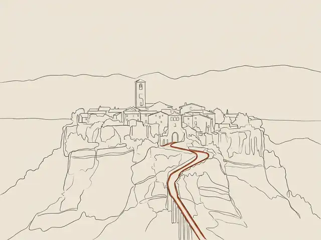 Line-art of Civita di Bagnoregio, a hill town in Lazio