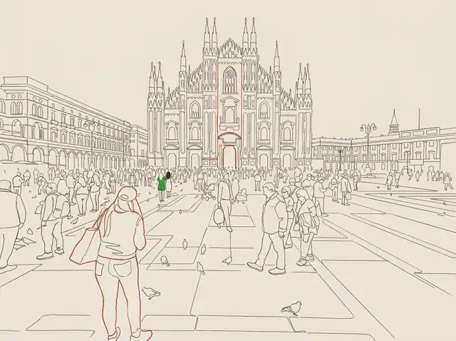 Line-art of The Duomo di Milano cathedral and its piazza
