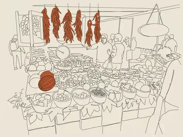 Line-art of The morning market at Campo de' Fiori in Rome