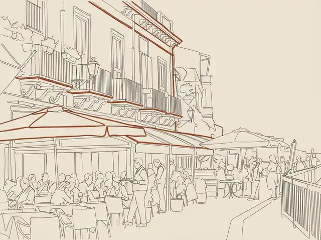 Line-art of The seafront of Ortigia, Syracuse, with café terraces along the water