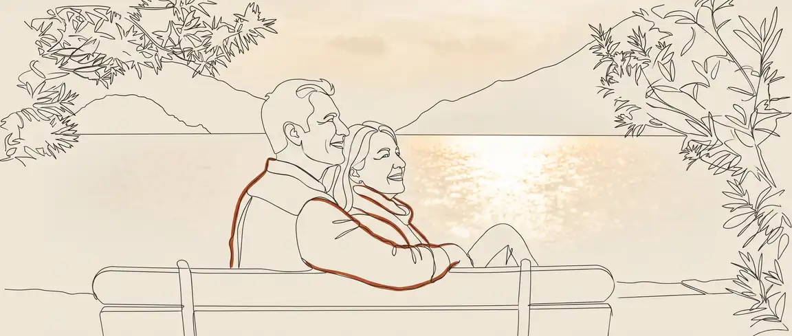 Line-art illustration of a retired couple on a bench overlooking Lake Como