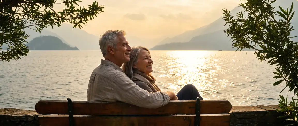 Photograph of the same couple at Lake Como at golden hour