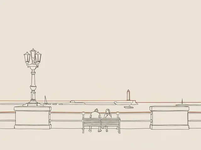 Line-art of A retired couple sitting on the Bari seafront